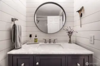 Brand new vanity, shiplap wall