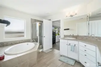 Primary suite bathroom with soaking tub, walk-in shower, double sinks and walk-in closet.