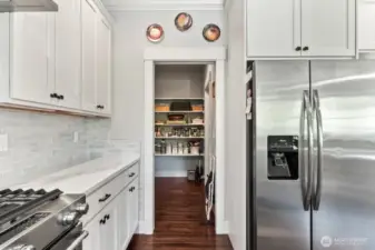 Walk in pantry that is connected to the laundry room.