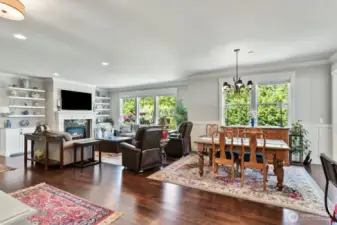 Nice open spaces and shelving surrounds the fireplace.
