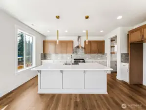 Kitchen layout is an entertainer's dream! Quartz countertops, large island, KitchenAid appliances, butler's pantry, and walk in pantry. Soft close cabinets with pull-out shelves.