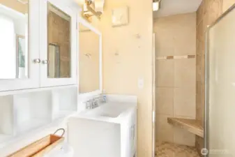 primary bathroom with tiled shower