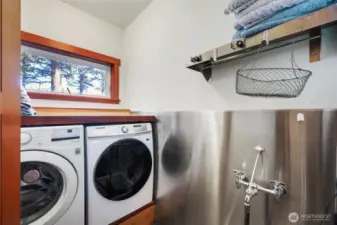 The main laundry room has built-in pedestals for the washer and dryer, as well as a folding counter above them. There is also a convenient dog or foot/boot wash station.