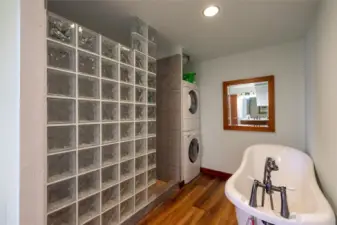 The full bath on the lower level has another full-size washer and dryer, as well as a separate shower and stunning soaking tub.