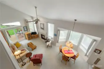 View from the upper level over living and dining areas
