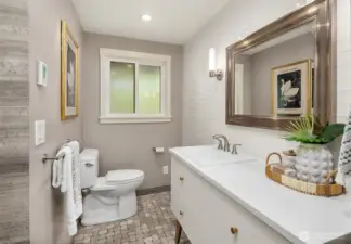 Full bathroom with custom heated tile floor.