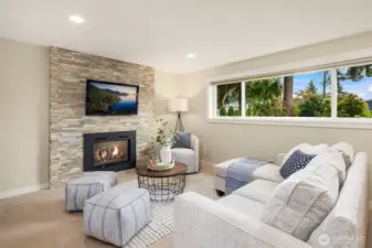 Lower level rec room with gas insert fireplace.