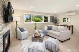 Rec Room on lower level with 2nd gas insert fire place, mini split for heating / cooling, TV outlet above fireplace offering hidden cable management.