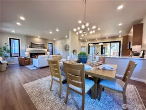 Spacious dining area with beautiful lighting