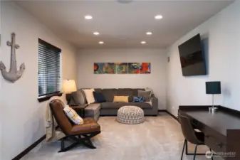 Bonus living room on the lower level with plush carpet, fresh paint + updated lighting.