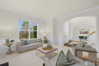 Reverse angle of great room from the fireplace. Fresh paint throughout.