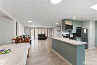 View of the kitchen, dining and living area.