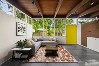 Virtually staged, Classic MCM. Seamless spatial integration of living, dining, and kitchen areas.