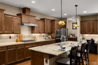 Abundant storage behind these gorgeous kitchen cabinets. Under cabinet lighting provides perfect illumination for the workspace. Access the garage in the hall behind the frig. NOTE: the 3-car garage is fully covered with sport court tile. Perfect for a home gym! Or your car(s).