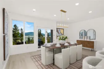 The spacious dining area overlook the gorgeous view of the lake and mountain