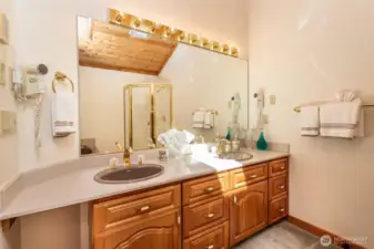 En-suite with 2 sinks, jetted tub, shower, and walk-in closet