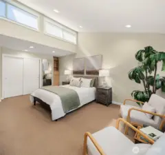 Vaulted ceiling with clerestory windows. Double closet with built-in shelving.