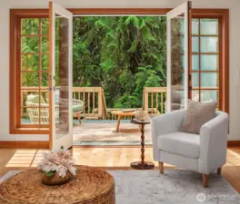 The overall impression is one of peaceful immersion in nature, where the sounds of the forest waft into the home, and the changing light creates a dynamic and captivating scene.