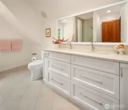 Second floor bathroom with separate tub and shower plus undermount trough sink.
