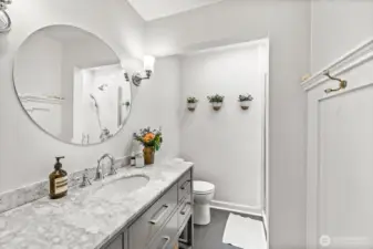 Beautiful main floor bathroom with skylight flooding the space with light.