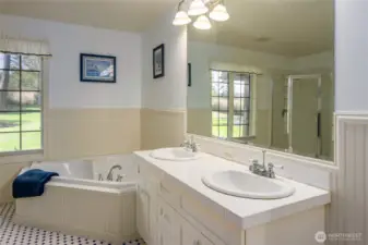 Primary bathroom with the shower reflected in the mirror.