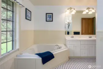 Jetted tub in primary bedroom.