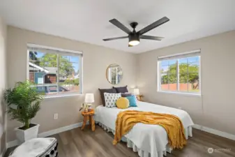 This is one of 2-bedrooms this 728 sq. ft. home offers. Again, lots of natural light here.  The ceiling fan helps to keep things cool on warmer days/nights.