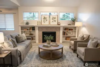 Fireplace and shelving form an inviting centerpiece that anchors the room—perfect for quiet evenings, thoughtful styling, and effortless organization.