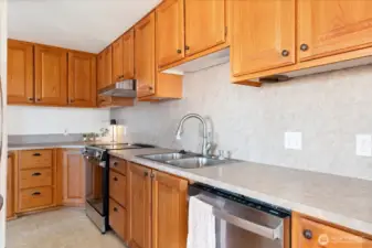 Countertops updated and continue vertically for full backsplash. Very easy to keep clean.