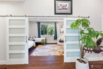 An oversized bedroom the current homeowner uses for overnight guests and also as a library.
