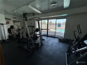 Gym and pool view behind