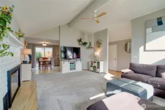 Vaulted ceiling in living room and dining area