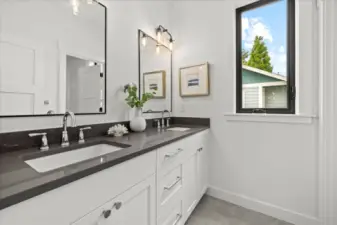 Shared full bath with two sinks