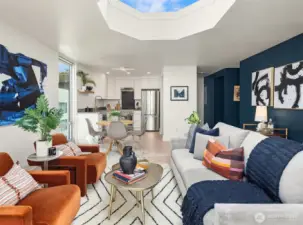 Living and dining area is open to kitchen (looking toward entry)