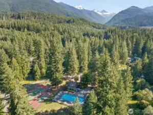 Aerial neighborhood view showing the cabin’s location in Snowline.