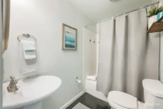 Full bathroom on main level near Family room and bedrooms.