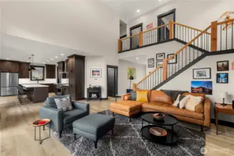 Living Room, Custom Railing, Tall Ceilings