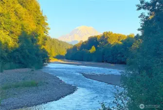 Beautiful Mt Rainier & view from the Carbon River walking & biking trail access through Rivers Edge.