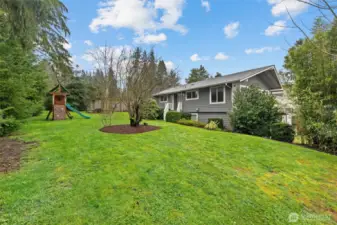 Wide side yard lawn with mature landscaping and generous open space, ideal for gardening, recreation, or future possibilities.