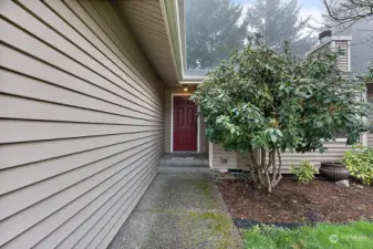 Pathway leads from driveway to covered front entrance.