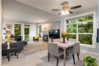 Formal dinning Area With Beautiful Views, Large Windows Framed in Custom Trim & Mill Work, Vaulted Ceilings in Living Room, Balcony, with Storage & Water Heater, and All with Views of Green Belt, & Sitting Park, While South Easterly Facing for Lots of Natural Light.
