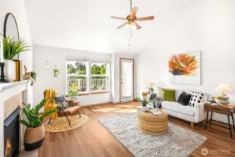 Living room with vaulted ceilings.