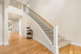 This grand staircase is open to the lower level and beautifully updated with iron balusters.