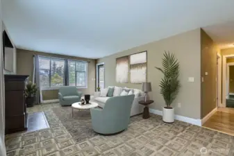 Another view from the dining area into the living room.  Virtually staged