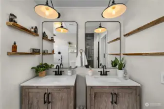 Double vanities with live edge shelves make the perfect, thought out space for your primary bathroom.