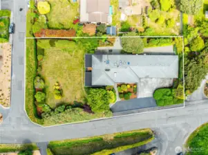 An aerial view of the property showing the approximate lot lines.
