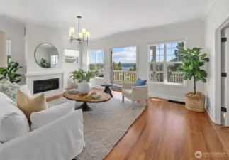 Gorgeous living room with gas fireplace and vistas.