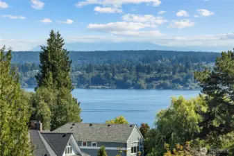 Lake Washington, downtown Bellevue and Cascade Mountains.