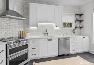 Renovated kitchen has induction cooking.
