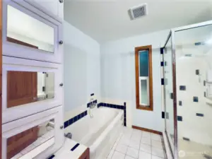 Large Bathroom: builtin, bathtub, tile, shower